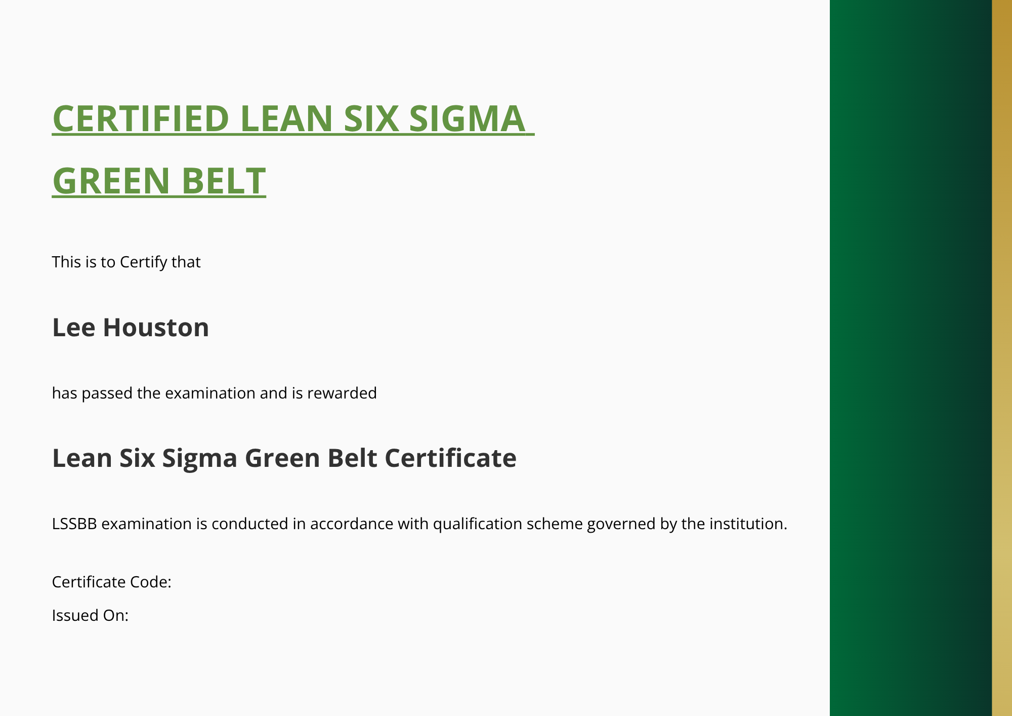 Clean Six Sigma Certificate Template for Course Completion